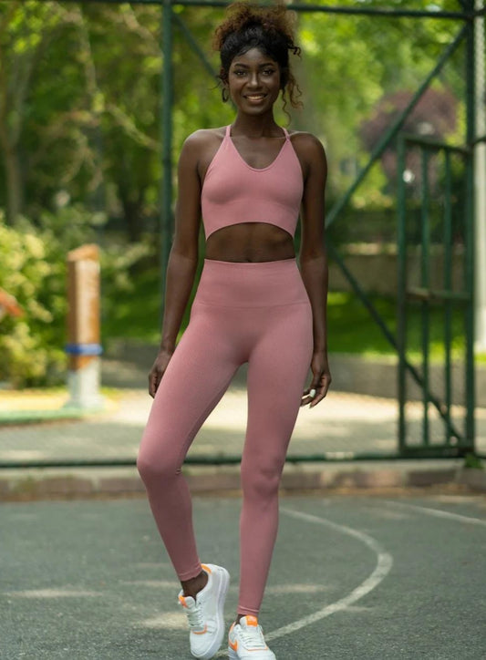 Feronia - Ribbed Seamless Legging + Sports Bra - Full Set -  Pink